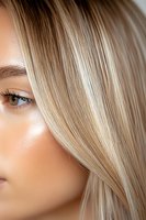 Close-up portrait showing smooth glowing skin, blonde straight hair, and natural makeup highlighting radiant complexion and brown eye. Perfect for beauty and cosmetic advertising.