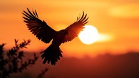 Silhouette of majestic bird with spread wings soaring against vibrant orange sunset sky and bright sun, dramatic nature scene capturing freedom and wilderness.