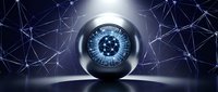 Futuristic digital eye with glowing blue iris surrounded by network connections and geometric lines on dark technological background for AI concepts.
