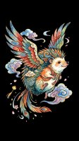 Flying hedgehog with colorful wings and Asian cloud motifs, isolated on transparent background. Great for t-shirts, stickers, print on demand, and sublimation designs.