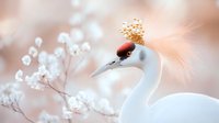 Elegant white crane with golden crown feathers against soft pink background with delicate white flowers, creating dreamy nature photography composition.