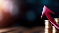 Red upward arrow rising over stacked gold coins against dark background with bokeh lights, representing financial growth, investment success and profit increase.