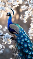 Majestic peacock with vibrant blue plumage and ornate tail feathers perched among delicate white cherry blossoms in soft spring sunlight for nature photography.