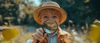 Young Caucasian boy in straw hat and striped shirt holding magnifying glass outdoors on sunny autumn day, exploring nature with curiosity and wonder.
