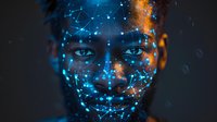 Young African woman's face illuminated by glowing blue constellation patterns and orange light effects against dark background, representing artificial intelligence and biometric scanning.
