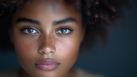 Young mixed-race woman with curly hair and freckles looking directly at camera with natural makeup and confident expression against dark background.