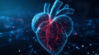 Digital hologram of anatomical heart with glowing red core and blue wireframe structure against dark background with network connections and particles.