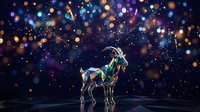 Colorful geometric goat standing against dark starry background with glowing bokeh lights and particles, suitable for modern art, design projects, and creative backgrounds.