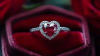 Engagement ring with heart-shaped ruby gemstone surrounded by diamond halo on white metal band, displayed in luxury red velvet jewelry box for wedding, proposal, and special occasions.