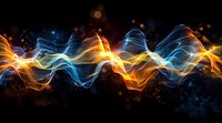 Glowing abstract waves of orange and blue light with sparkles on dark background, dynamic energy flow pattern creates magical luminous effect.