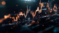Digital cityscape with glowing orange and blue lights representing financial data and stock market growth for business analytics and investment concepts.