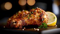 Juicy grilled chicken drumsticks with crispy skin, garnished with fresh herbs, lemon slice and spices on dark background with bokeh lights.