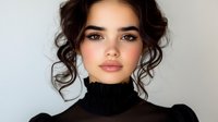 Young Mediterranean woman with dark curly updo hair, natural makeup, and black turtleneck sweater against light background, looking directly at camera with confident expression.