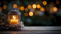 Glowing lantern with burning candle and winter decorations against blurred golden bokeh lights on dark wooden surface. Cozy holiday atmosphere.