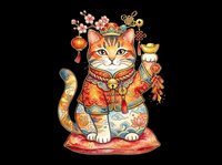 Maneki-neko lucky cat with raised paw, ornate gold coins, red cushion, and traditional Asian decorative elements isolated on transparent background. Ready for t-shirts, stickers, clipart, and print-on-demand designs.