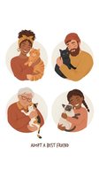 Diverse people holding cats adoption poster with multicultural families embracing pets on white background for animal shelter campaigns.
