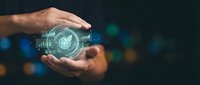 Hands protecting glowing digital globe with network connections and data visualization elements against dark bokeh background for technology concepts.