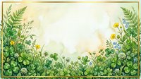 Watercolor botanical frame with green clovers, ferns, and wildflowers on a soft textured background, perfect for greeting cards and invitations.