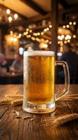 Cold beer mug with condensation on wooden table in cozy pub with warm bokeh lights creating atmospheric dining and entertainment ambiance.