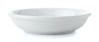 White ceramic shallow bowl isolated on white background, clean minimalist kitchenware for food styling, restaurant menus, and culinary design projects.