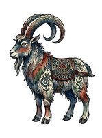 Ornamental goat with curved horns wearing decorative saddle blanket, isolated on white background for design, clipart, and merchandise applications.