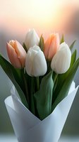 Fresh white and peach tulips wrapped in elegant white paper against soft blurred background. Delicate spring flowers for greeting cards and floral designs.
