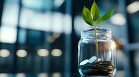 Young green plant growing from coins in glass jar against blurred modern office background, symbolizing financial growth and sustainable investment.