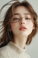 Young Asian woman with windswept brown hair wearing cream sweater, natural makeup and coral lips against light background, looking directly at camera with serene expression.