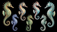 Colorful ornate seahorses set, isolated on transparent background, ready for stickers, t-shirt design, print on demand, sublimation, and clipart use.