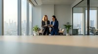 Two professionals in business attire discussing documents in a modern high-rise office with floor-to-ceiling windows overlooking the city skyline, suitable for corporate, teamwork, and business communication concepts.