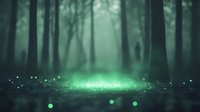 Mysterious glowing green light illuminates dark misty forest floor, creating ethereal atmosphere with magical particles and orbs floating in foggy woodland.