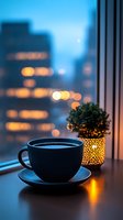 Coffee cup on windowsill with city lights bokeh background at dusk. Cozy evening atmosphere with decorative plant and warm lighting for relaxation concepts.