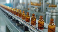 Amber glass medicine bottles on automated pharmaceutical production line conveyor belt. Quality control process in modern manufacturing facility for medical industry.