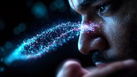 Young African American man in profile with glowing digital particle wave effect, dramatic lighting and bokeh background creates futuristic technological atmosphere.
