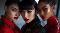 Asian women models wearing red lipstick and leather jackets pose for dramatic fashion portrait with moody lighting and bold makeup styling for beauty and fashion campaigns.