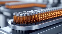 Amber glass vials in automated laboratory equipment for pharmaceutical research and drug development in modern medical facility.