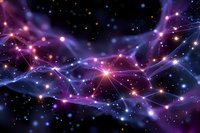 Abstract cosmic background with glowing purple and blue network connections, shining stars and light effects in dark space. Futuristic digital constellation pattern.