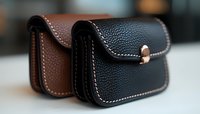 Small leather wallets with contrast stitching in black and brown colors featuring textured surface and snap closures, showcasing artisanal craftsmanship and quality details.
