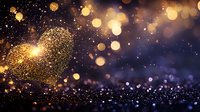 Magical golden glitter heart shape with sparkling bokeh lights against dark blue background, creating romantic and festive atmosphere for celebrations and holidays.
