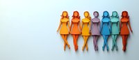 Colorful paper cut female figures in rainbow dresses standing in row against white background, representing diversity and unity in feminine community.