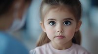 Young girl with bright blue eyes and long brown hair wearing pink shirt looking attentively during medical checkup or pediatric consultation.