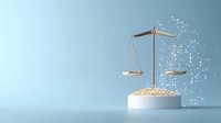 Golden scales of justice with grain on one side and sparkling particles on other against blue background, symbolizing agricultural law or food regulation.