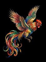 Colorful rooster with vibrant plumage isolated on transparent background, ready for t-shirt design, clipart, stickers, sublimation and print-on-demand projects.