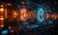 Futuristic digital interface with glowing orange and blue circular holograms against dark background, surrounded by data streams and technological elements.