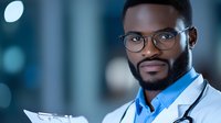 African American male doctor in glasses and white coat holding digital tablet, confident professional pose against blurred hospital background with bokeh lights.