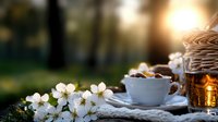 Coffee cup with roasted beans and spring cherry blossoms on rustic wooden table outdoors at sunset, romantic garden atmosphere with glowing candle light.