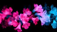 Vibrant pink and blue flowers with smoke effect on black background create dramatic contrast and ethereal atmosphere for artistic design projects and wall decor.