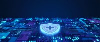 Digital cybersecurity shield with medical cross symbol on futuristic circuit board background representing healthcare data protection and network security.