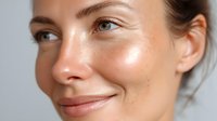 Close-up portrait of Caucasian woman with glowing skin, natural makeup, and slight smile against neutral background, showcasing skincare results.