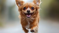 Happy energetic long-haired Chihuahua dog running and playing outdoors with joyful expression and tongue out, front view portrait against blurred natural background.